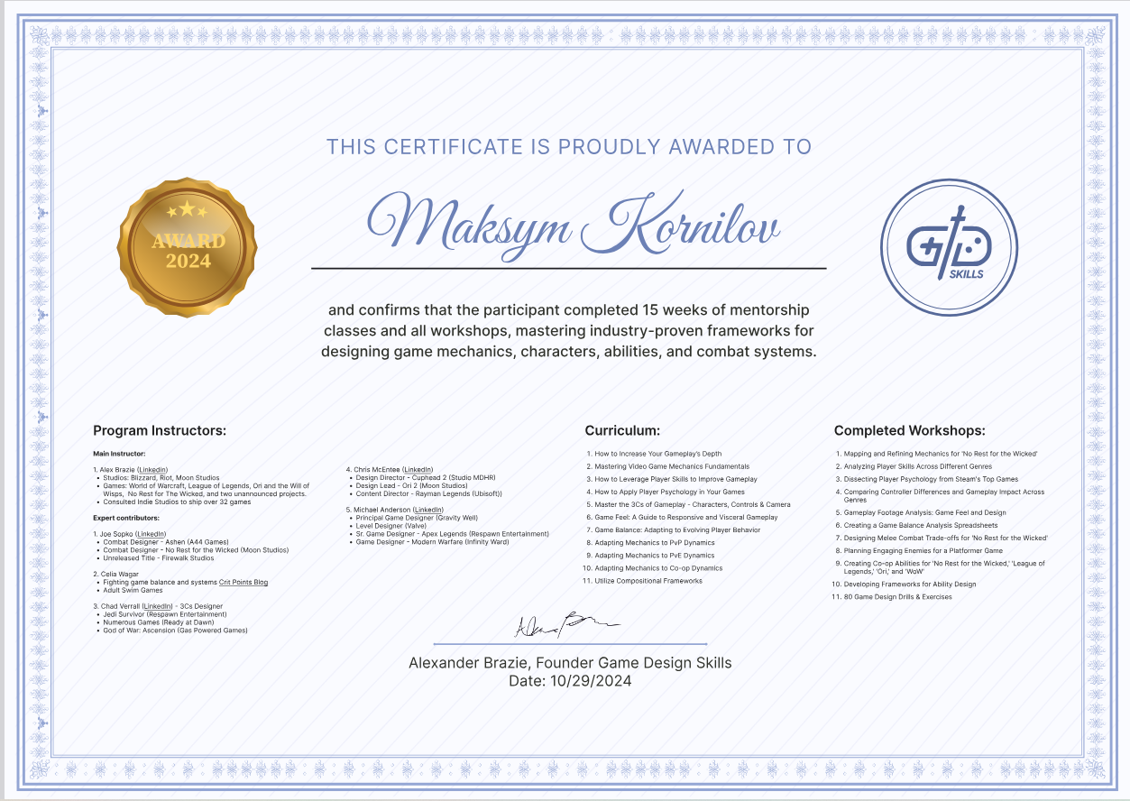 Game Mechanics Bootcamp Certificate